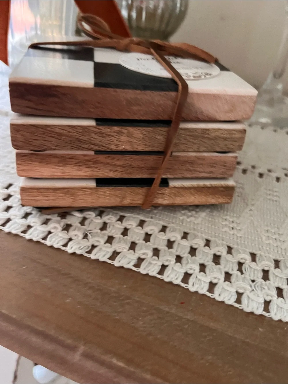 Checkerboard Coaster Set with Brown Trim - White & Black